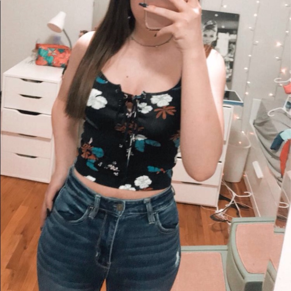 empyre black strappy tank with floral designs